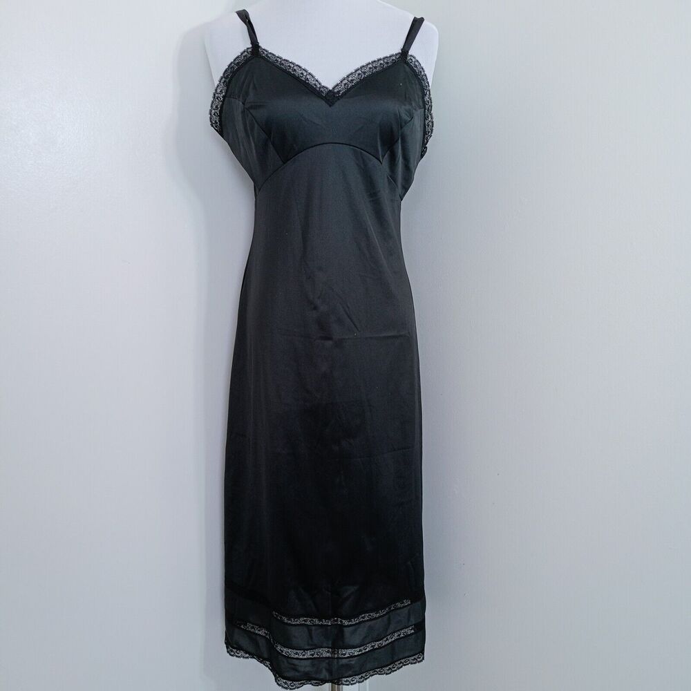 Vtg JC Penney Nylon Full Slip Lingerie Black Chemise Lingerie Lace Trim Size 36